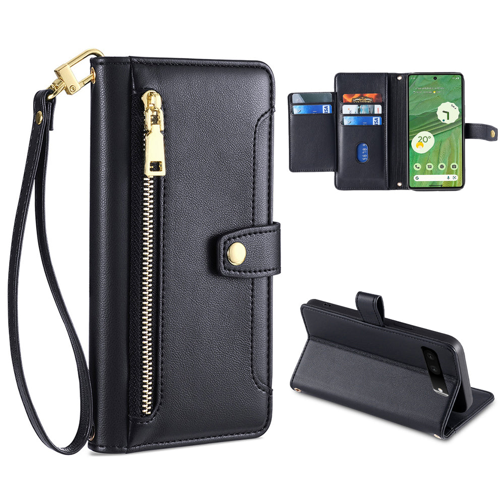 For Google Pixel 7 5G Textured PU Leather Zipper Pocket Wallet Phone Case Stand Multiple Card Slots Magnetic Closure Cover with Wrist Strap and Shoulder Strap For Google Pixel 7 5G Textured PU Leather Zipper Pocket Wallet Phone Case Stand Multiple Card Slots Magnetic Closure Cover with Wrist Strap and Shoulder Strap